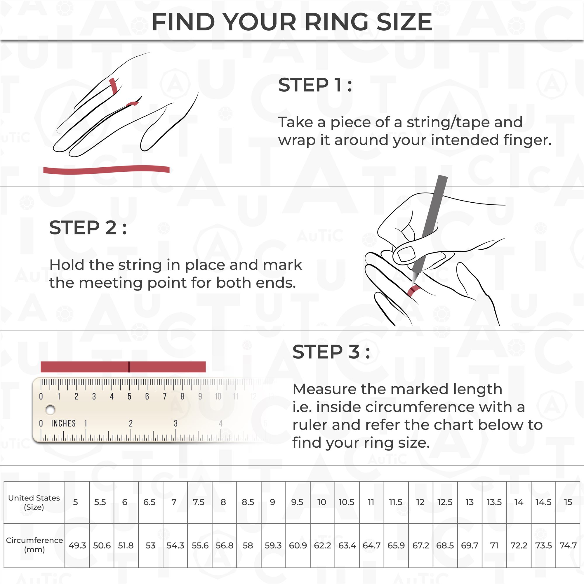 Find your ring size: wrap a string around your finger, mark where it overlaps, measure the length, then match it to the US size chart.